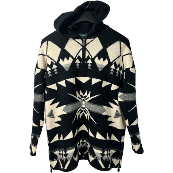 Lauren Ralph Lauren Sweaters - Vintage Ralph Lauren Sweater Lambswool Southwestern Hooded Black Size Medium